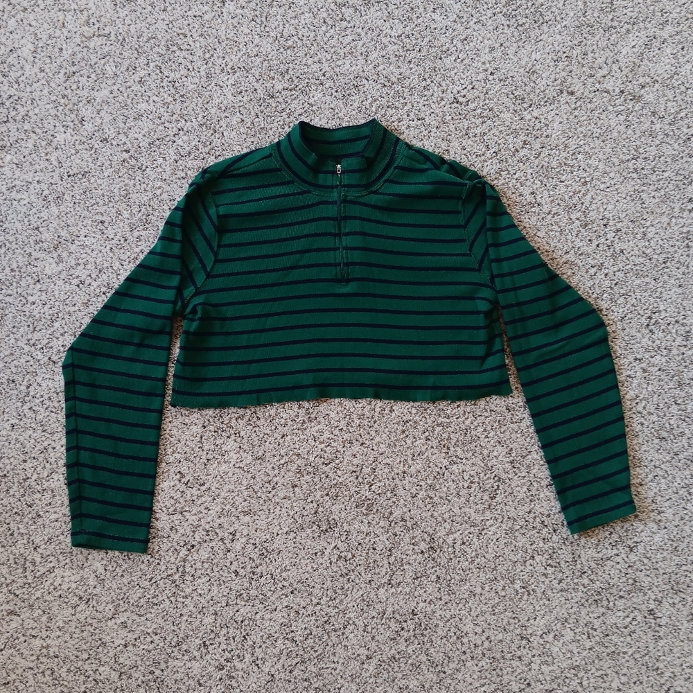 LL Bean Quarter Zip Crop Top Striped Size XL